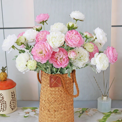 6PCS Artificial Ranunculus Flowers with Real Touch Stem for Household Arrangement (Light Orange)