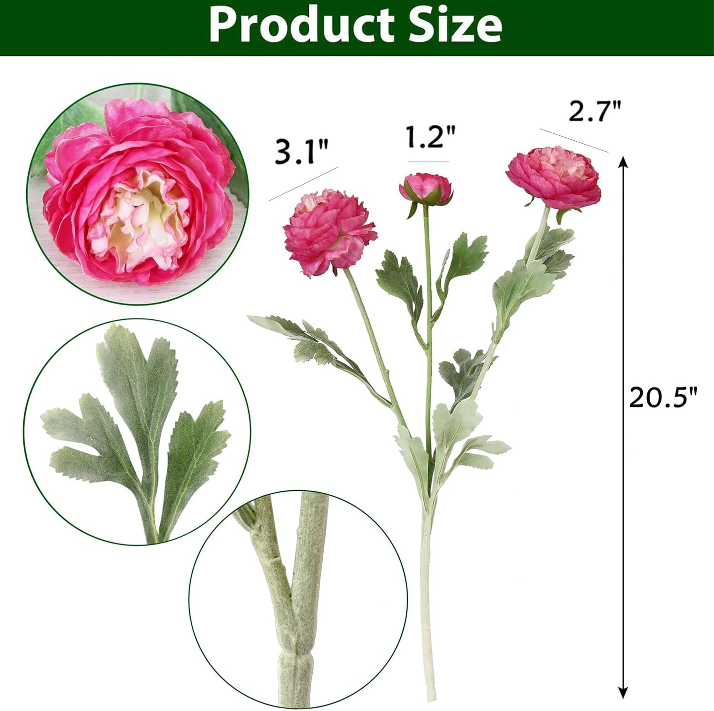 6PCS Artificial Ranunculus Flowers with Real Touch Stem for Household Arrangement (Light Orange)