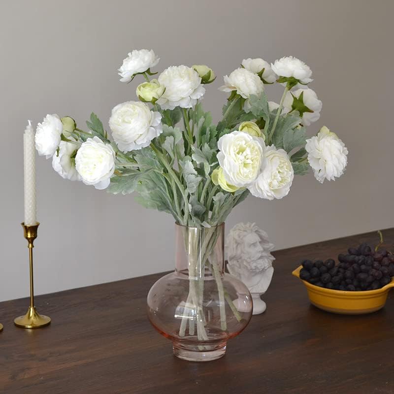 6PCS Artificial Ranunculus Flowers with Real Touch Stem for Household Arrangement (Light Orange)