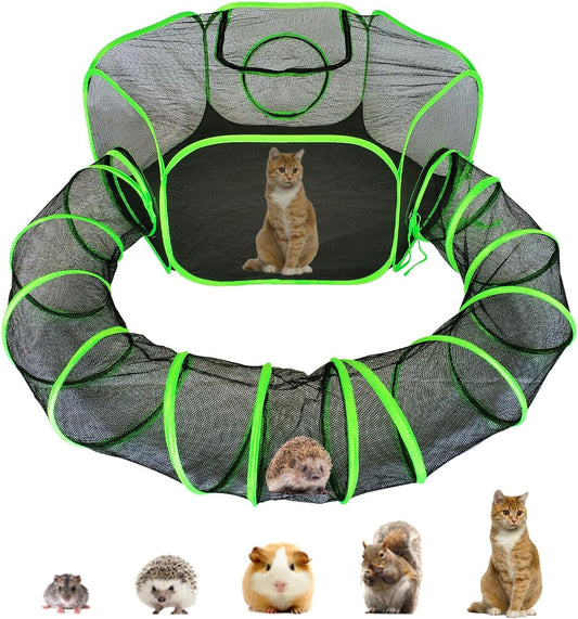 Small Animal Playpen Guinea Pig Hedgehog Cage Rabbit Cage with Fun Surround Tunnel Breathable & Transparent Pop Open Exercise Yard Fence with Top Cover Anti Escape