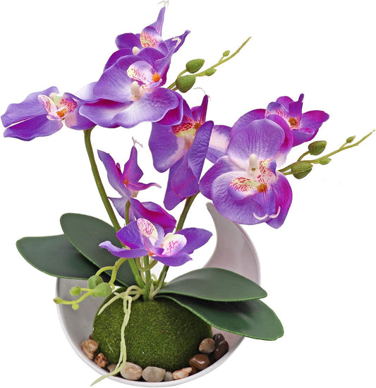 Artificial Orchid Flower, Faux Phalaenopsis Flower Arrangement | With Vase, Purple Potted Plant Bonsai for Wedding Party Office Table Centerpiece Bathroom Home Decoration