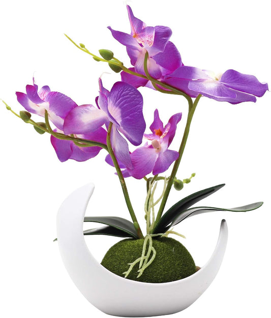 Artificial Orchid Flower, Faux Phalaenopsis Flower Arrangement | With Vase, Purple Potted Plant Bonsai for Wedding Party Office Table Centerpiece Bathroom Home Decoration