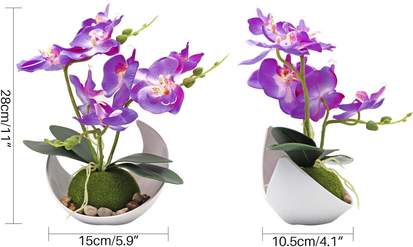 Artificial Orchid Flower, Faux Phalaenopsis Flower Arrangement | With Vase, Purple Potted Plant Bonsai for Wedding Party Office Table Centerpiece Bathroom Home Decoration