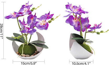 Artificial Orchid Flower, Faux Phalaenopsis Flower Arrangement | With Vase, Purple Potted Plant Bonsai for Wedding Party Office Table Centerpiece Bathroom Home Decoration