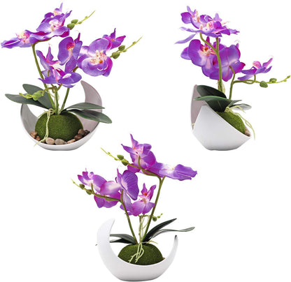 Artificial Orchid Flower, Faux Phalaenopsis Flower Arrangement | With Vase, Purple Potted Plant Bonsai for Wedding Party Office Table Centerpiece Bathroom Home Decoration