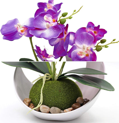 Artificial Orchid Flower, Faux Phalaenopsis Flower Arrangement | With Vase, Purple Potted Plant Bonsai for Wedding Party Office Table Centerpiece Bathroom Home Decoration