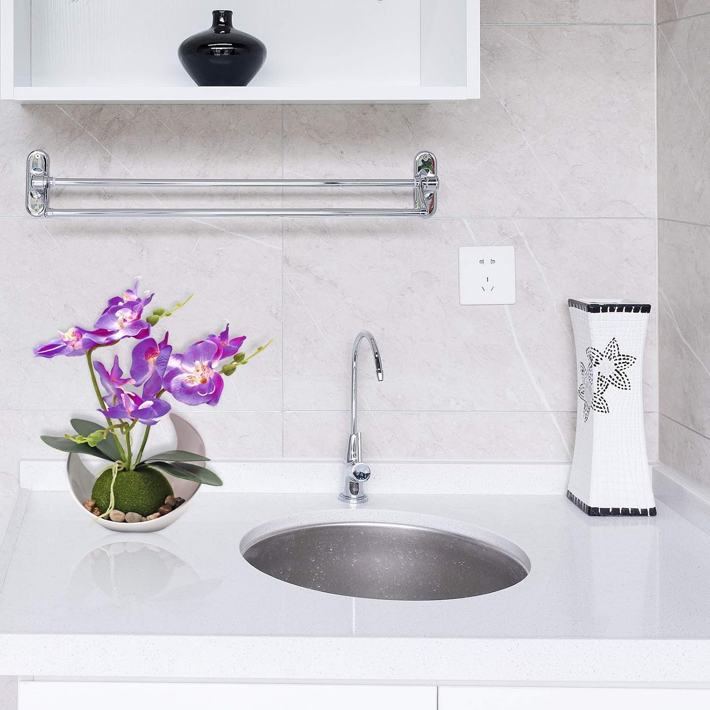 Artificial Orchid Flower, Faux Phalaenopsis Flower Arrangement | With Vase, Purple Potted Plant Bonsai for Wedding Party Office Table Centerpiece Bathroom Home Decoration