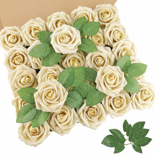 Artificial Flowers Dark Red Rose 25pcs Real Looking Fake Roses w/Stem for DIY Wedding Bouquets Centerpieces Arrangements Party Baby Shower Birthday Christmas Tree Decorations