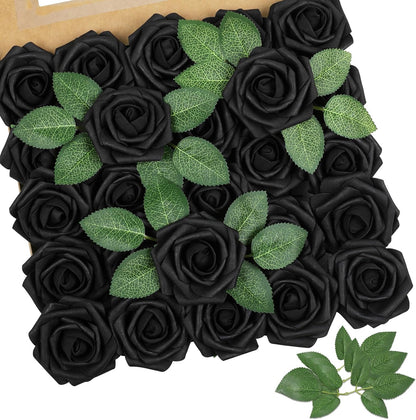 Artificial Flowers Dark Red Rose 25pcs Real Looking Fake Roses w/Stem for DIY Wedding Bouquets Centerpieces Arrangements Party Baby Shower Birthday Christmas Tree Decorations