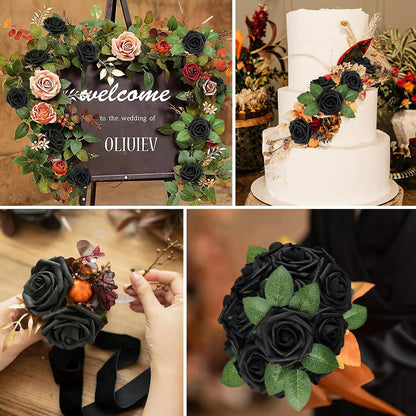 Artificial Flowers Dark Red Rose 25pcs Real Looking Fake Roses w/Stem for DIY Wedding Bouquets Centerpieces Arrangements Party Baby Shower Birthday Christmas Tree Decorations