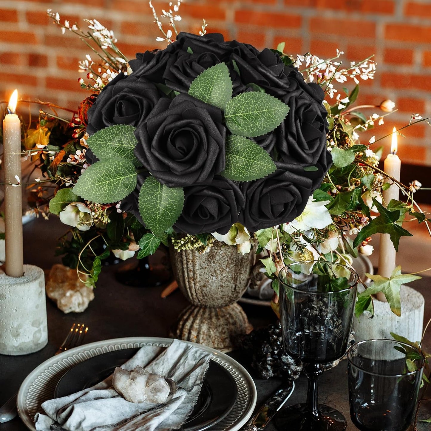 Artificial Flowers Dark Red Rose 25pcs Real Looking Fake Roses w/Stem for DIY Wedding Bouquets Centerpieces Arrangements Party Baby Shower Birthday Christmas Tree Decorations