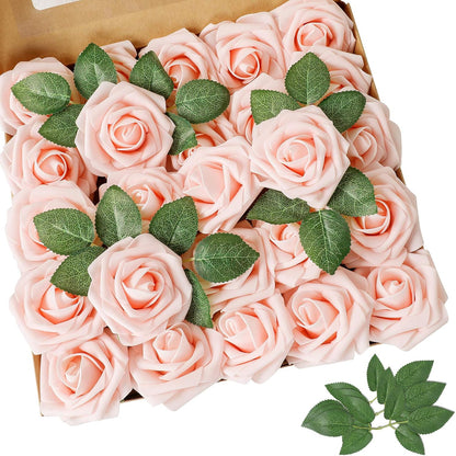 Artificial Flowers Dark Red Rose 25pcs Real Looking Fake Roses w/Stem for DIY Wedding Bouquets Centerpieces Arrangements Party Baby Shower Birthday Christmas Tree Decorations