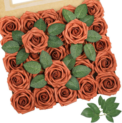 Artificial Flowers Dark Red Rose 25pcs Real Looking Fake Roses w/Stem for DIY Wedding Bouquets Centerpieces Arrangements Party Baby Shower Birthday Christmas Tree Decorations
