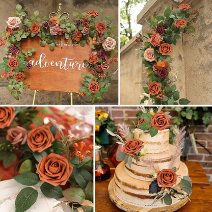 Artificial Flowers Dark Red Rose 25pcs Real Looking Fake Roses w/Stem for DIY Wedding Bouquets Centerpieces Arrangements Party Baby Shower Birthday Christmas Tree Decorations