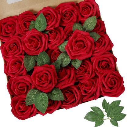 Artificial Flowers Dark Red Rose 25pcs Real Looking Fake Roses w/Stem for DIY Wedding Bouquets Centerpieces Arrangements Party Baby Shower Birthday Christmas Tree Decorations