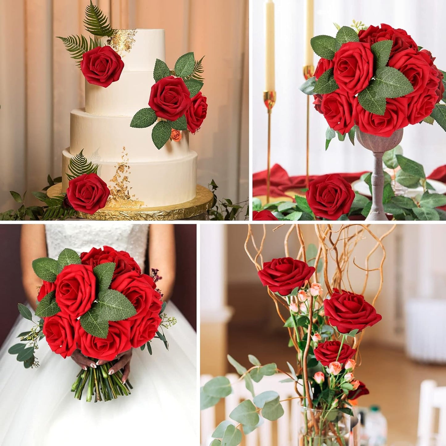 Artificial Flowers Dark Red Rose 25pcs Real Looking Fake Roses w/Stem for DIY Wedding Bouquets Centerpieces Arrangements Party Baby Shower Birthday Christmas Tree Decorations