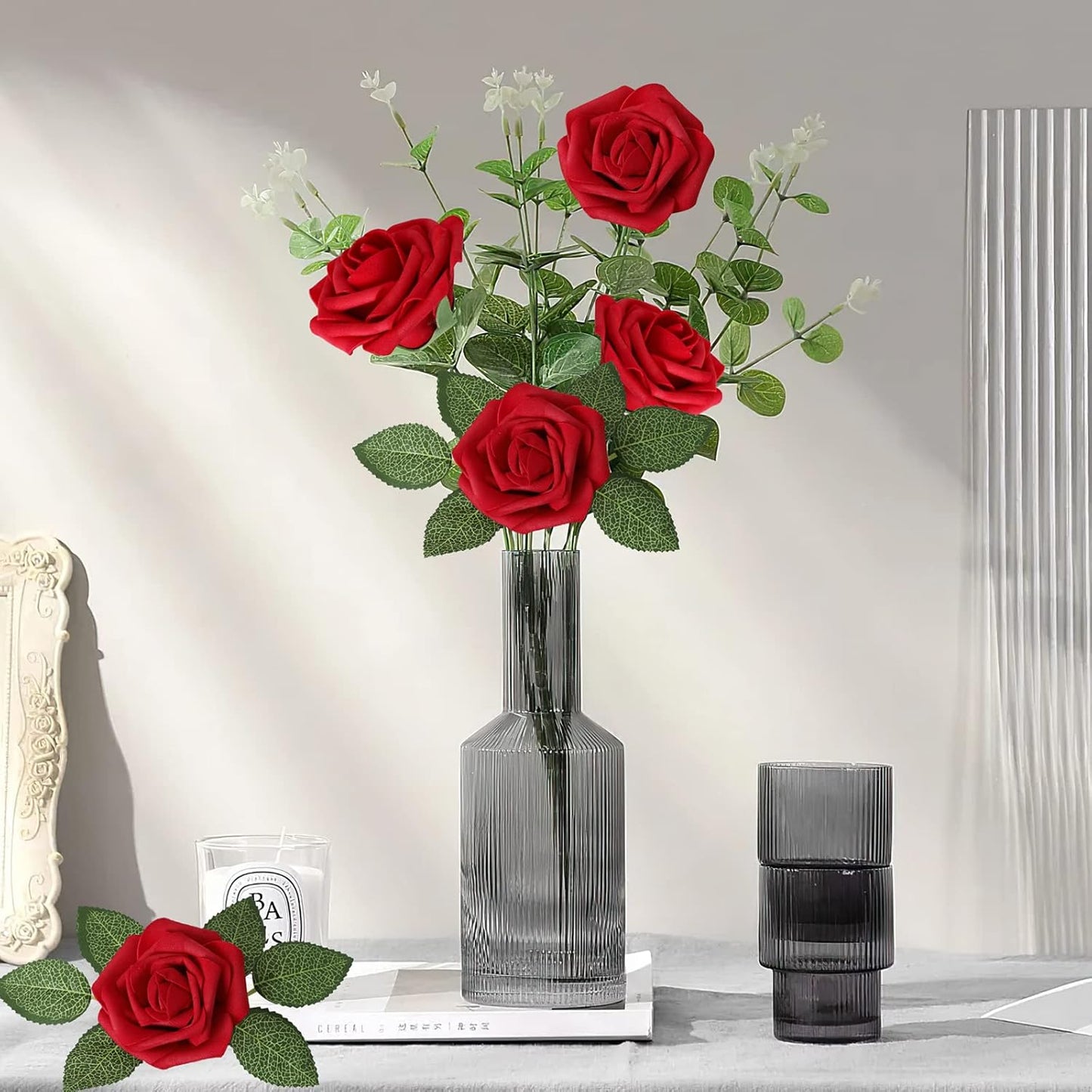 Artificial Flowers Dark Red Rose 25pcs Real Looking Fake Roses w/Stem for DIY Wedding Bouquets Centerpieces Arrangements Party Baby Shower Birthday Christmas Tree Decorations