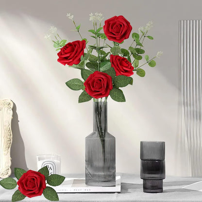 Artificial Flowers Dark Red Rose 25pcs Real Looking Fake Roses w/Stem for DIY Wedding Bouquets Centerpieces Arrangements Party Baby Shower Birthday Christmas Tree Decorations
