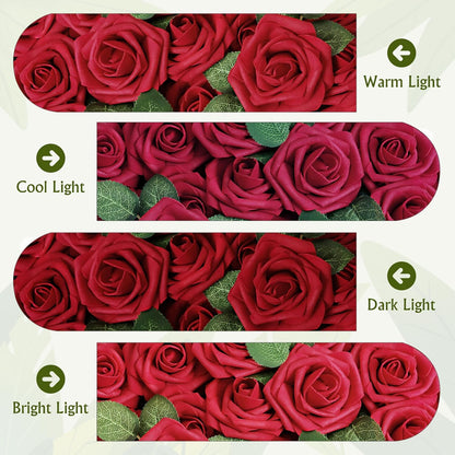 Artificial Flowers Dark Red Rose 25pcs Real Looking Fake Roses w/Stem for DIY Wedding Bouquets Centerpieces Arrangements Party Baby Shower Birthday Christmas Tree Decorations