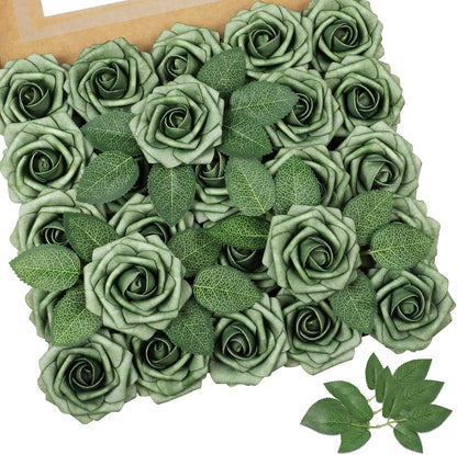 Artificial Flowers Dark Red Rose 25pcs Real Looking Fake Roses w/Stem for DIY Wedding Bouquets Centerpieces Arrangements Party Baby Shower Birthday Christmas Tree Decorations