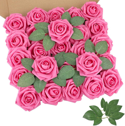 Artificial Flowers Dark Red Rose 25pcs Real Looking Fake Roses w/Stem for DIY Wedding Bouquets Centerpieces Arrangements Party Baby Shower Birthday Christmas Tree Decorations