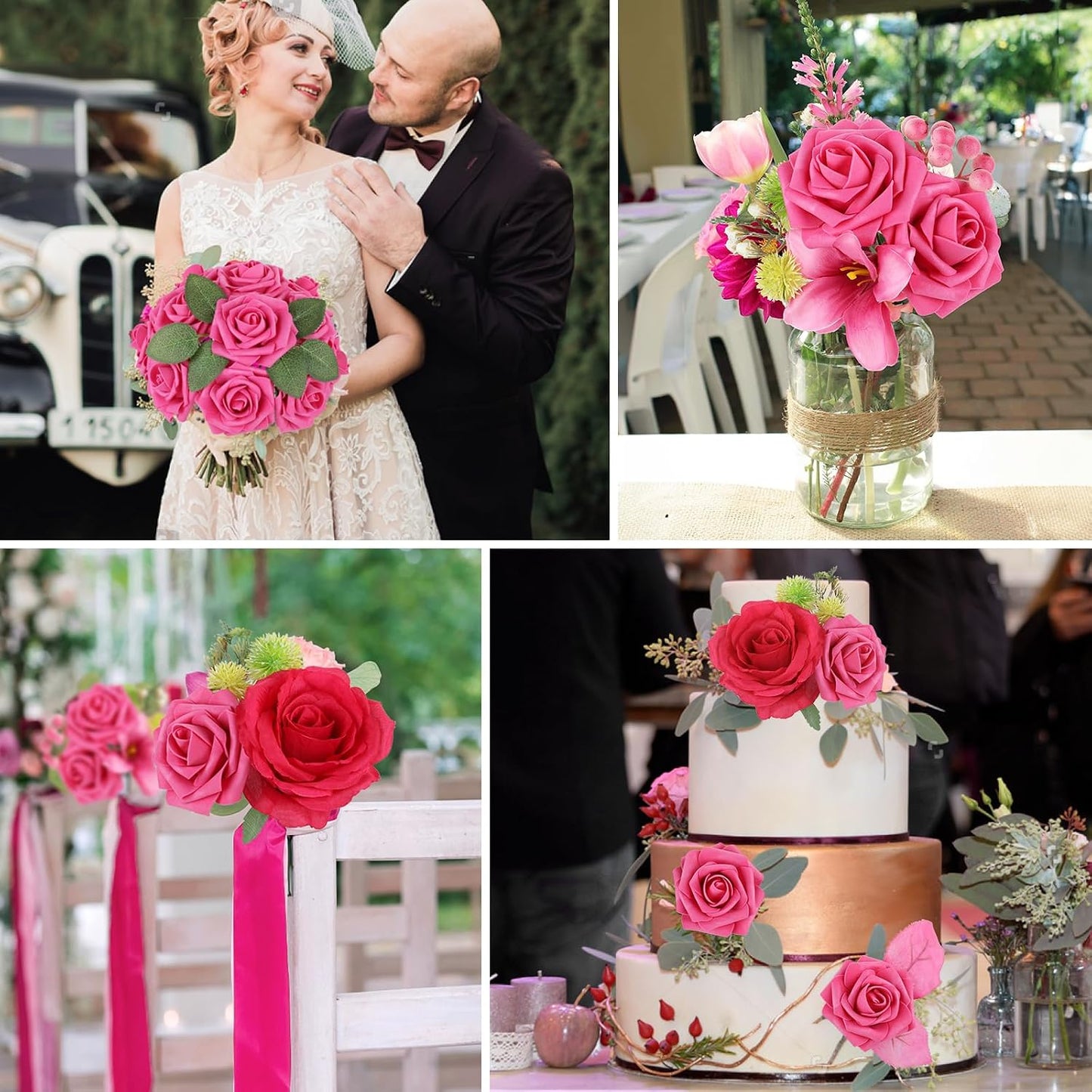 Artificial Flowers Dark Red Rose 25pcs Real Looking Fake Roses w/Stem for DIY Wedding Bouquets Centerpieces Arrangements Party Baby Shower Birthday Christmas Tree Decorations