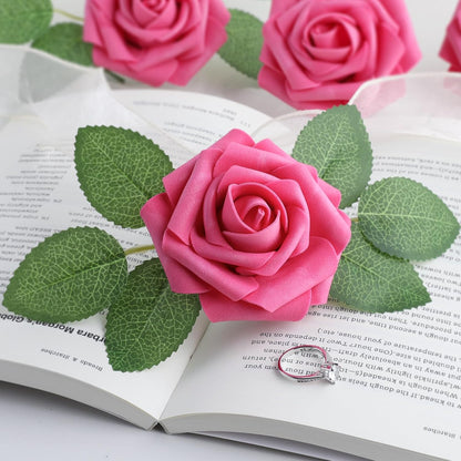 Artificial Flowers Dark Red Rose 25pcs Real Looking Fake Roses w/Stem for DIY Wedding Bouquets Centerpieces Arrangements Party Baby Shower Birthday Christmas Tree Decorations