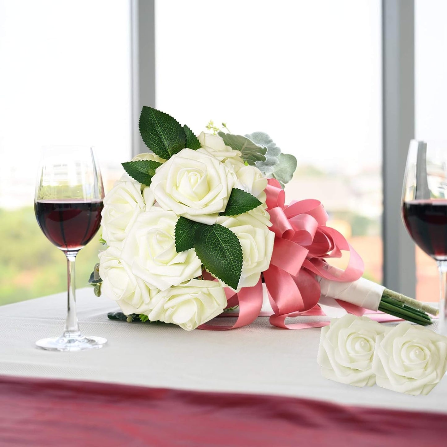 Artificial Flowers Dark Red Rose 25pcs Real Looking Fake Roses w/Stem for DIY Wedding Bouquets Centerpieces Arrangements Party Baby Shower Birthday Christmas Tree Decorations