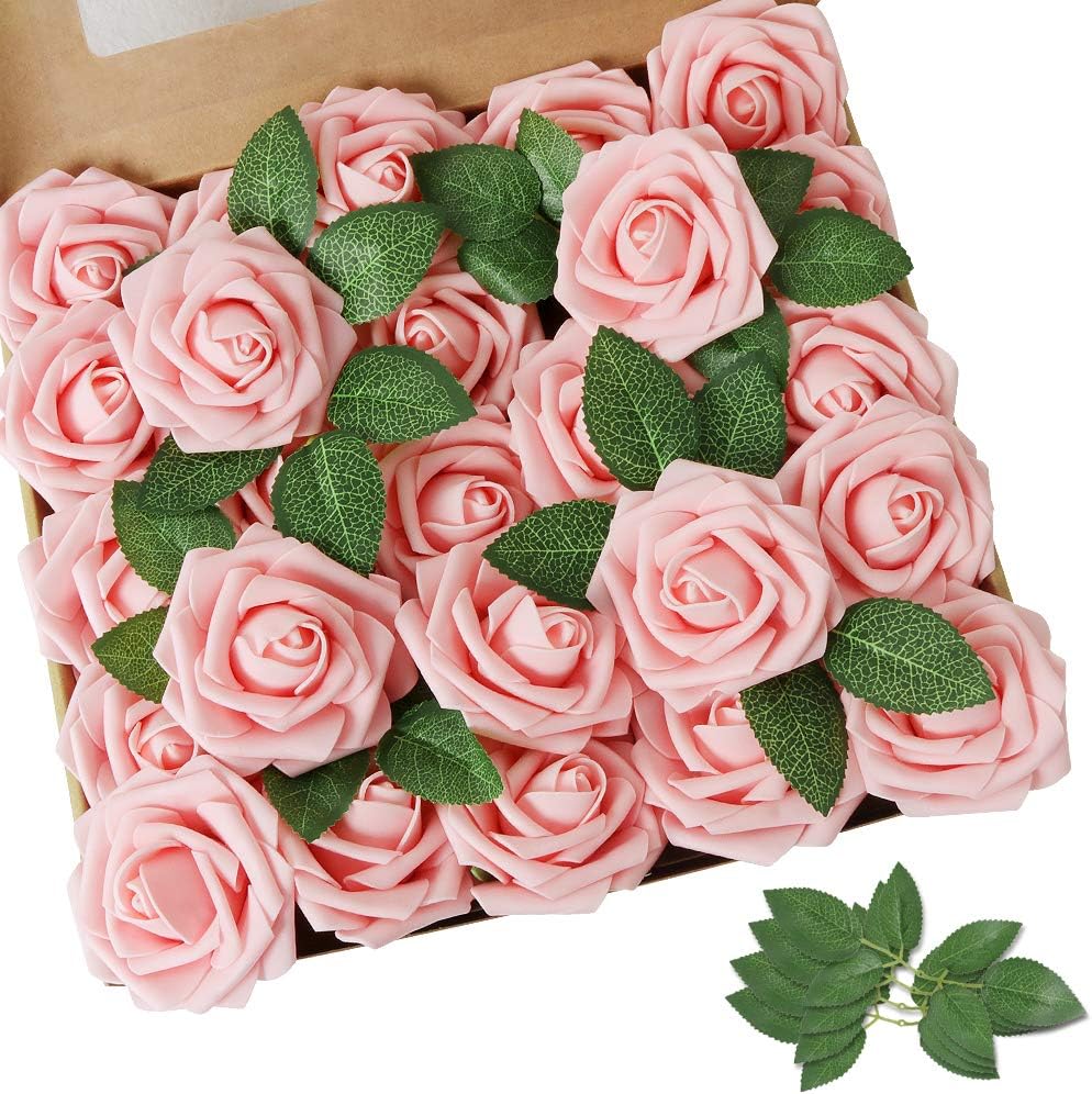 Artificial Flowers Dark Red Rose 25pcs Real Looking Fake Roses w/Stem for DIY Wedding Bouquets Centerpieces Arrangements Party Baby Shower Birthday Christmas Tree Decorations