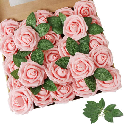 Artificial Flowers Dark Red Rose 25pcs Real Looking Fake Roses w/Stem for DIY Wedding Bouquets Centerpieces Arrangements Party Baby Shower Birthday Christmas Tree Decorations