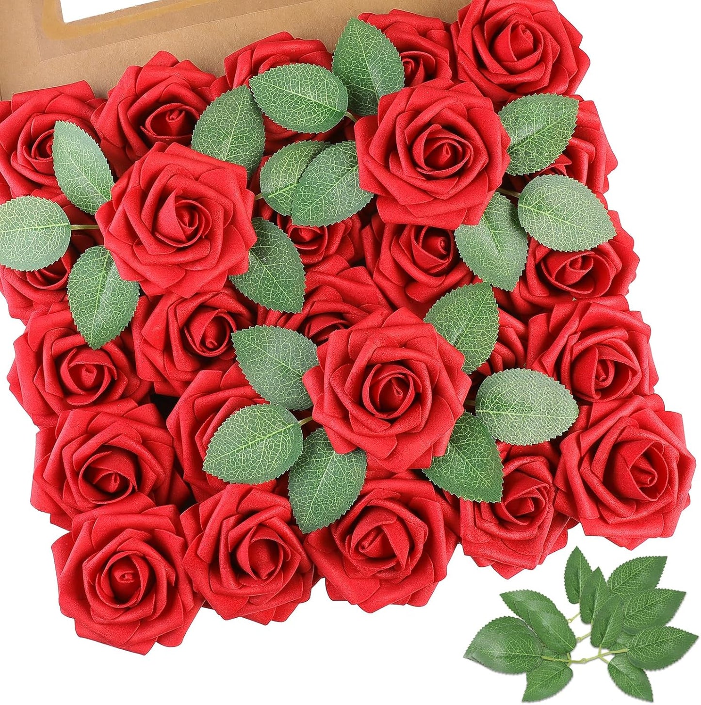 Artificial Flowers Dark Red Rose 25pcs Real Looking Fake Roses w/Stem for DIY Wedding Bouquets Centerpieces Arrangements Party Baby Shower Birthday Christmas Tree Decorations
