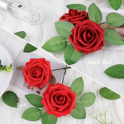 Artificial Flowers Dark Red Rose 25pcs Real Looking Fake Roses w/Stem for DIY Wedding Bouquets Centerpieces Arrangements Party Baby Shower Birthday Christmas Tree Decorations