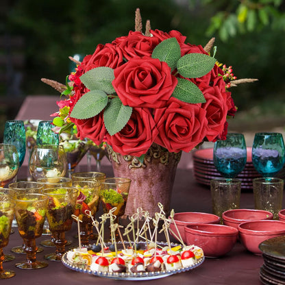 Artificial Flowers Dark Red Rose 25pcs Real Looking Fake Roses w/Stem for DIY Wedding Bouquets Centerpieces Arrangements Party Baby Shower Birthday Christmas Tree Decorations