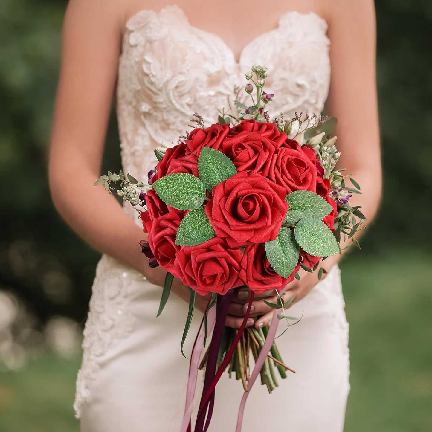 Artificial Flowers Dark Red Rose 25pcs Real Looking Fake Roses w/Stem for DIY Wedding Bouquets Centerpieces Arrangements Party Baby Shower Birthday Christmas Tree Decorations