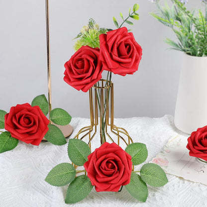 Artificial Flowers Dark Red Rose 25pcs Real Looking Fake Roses w/Stem for DIY Wedding Bouquets Centerpieces Arrangements Party Baby Shower Birthday Christmas Tree Decorations