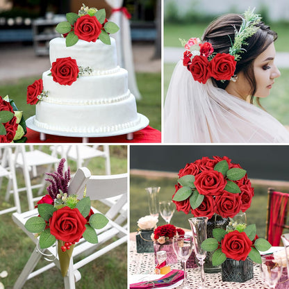 Artificial Flowers Dark Red Rose 25pcs Real Looking Fake Roses w/Stem for DIY Wedding Bouquets Centerpieces Arrangements Party Baby Shower Birthday Christmas Tree Decorations