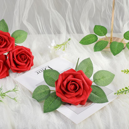 Artificial Flowers Dark Red Rose 25pcs Real Looking Fake Roses w/Stem for DIY Wedding Bouquets Centerpieces Arrangements Party Baby Shower Birthday Christmas Tree Decorations