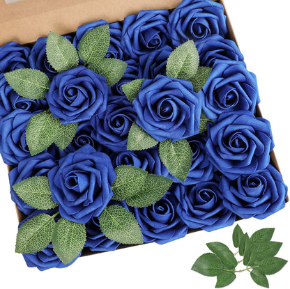 Artificial Flowers Dark Red Rose 25pcs Real Looking Fake Roses w/Stem for DIY Wedding Bouquets Centerpieces Arrangements Party Baby Shower Birthday Christmas Tree Decorations