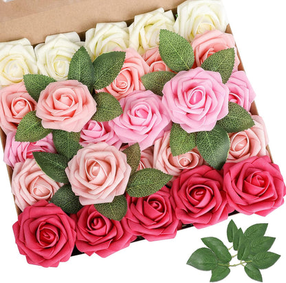 Artificial Flowers Dark Red Rose 25pcs Real Looking Fake Roses w/Stem for DIY Wedding Bouquets Centerpieces Arrangements Party Baby Shower Birthday Christmas Tree Decorations