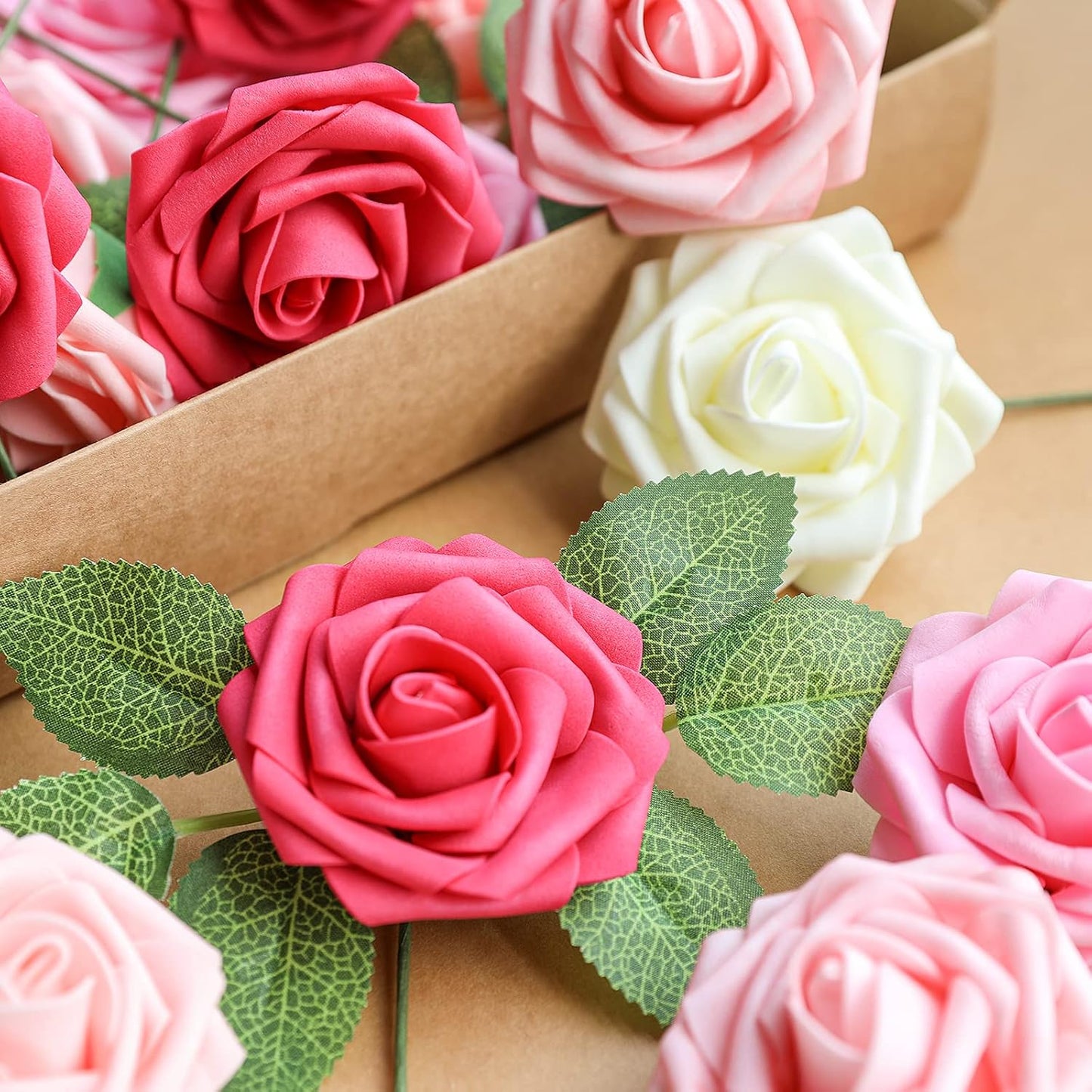 Artificial Flowers Dark Red Rose 25pcs Real Looking Fake Roses w/Stem for DIY Wedding Bouquets Centerpieces Arrangements Party Baby Shower Birthday Christmas Tree Decorations