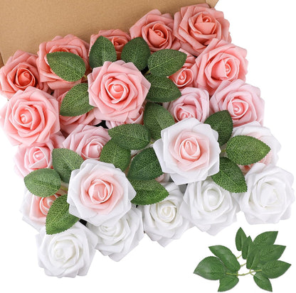 Artificial Flowers Dark Red Rose 25pcs Real Looking Fake Roses w/Stem for DIY Wedding Bouquets Centerpieces Arrangements Party Baby Shower Birthday Christmas Tree Decorations