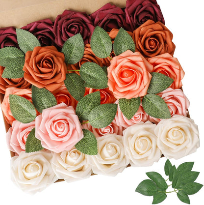 Artificial Flowers Dark Red Rose 25pcs Real Looking Fake Roses w/Stem for DIY Wedding Bouquets Centerpieces Arrangements Party Baby Shower Birthday Christmas Tree Decorations