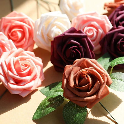 Artificial Flowers Dark Red Rose 25pcs Real Looking Fake Roses w/Stem for DIY Wedding Bouquets Centerpieces Arrangements Party Baby Shower Birthday Christmas Tree Decorations