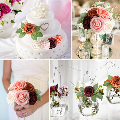 Artificial Flowers Dark Red Rose 25pcs Real Looking Fake Roses w/Stem for DIY Wedding Bouquets Centerpieces Arrangements Party Baby Shower Birthday Christmas Tree Decorations