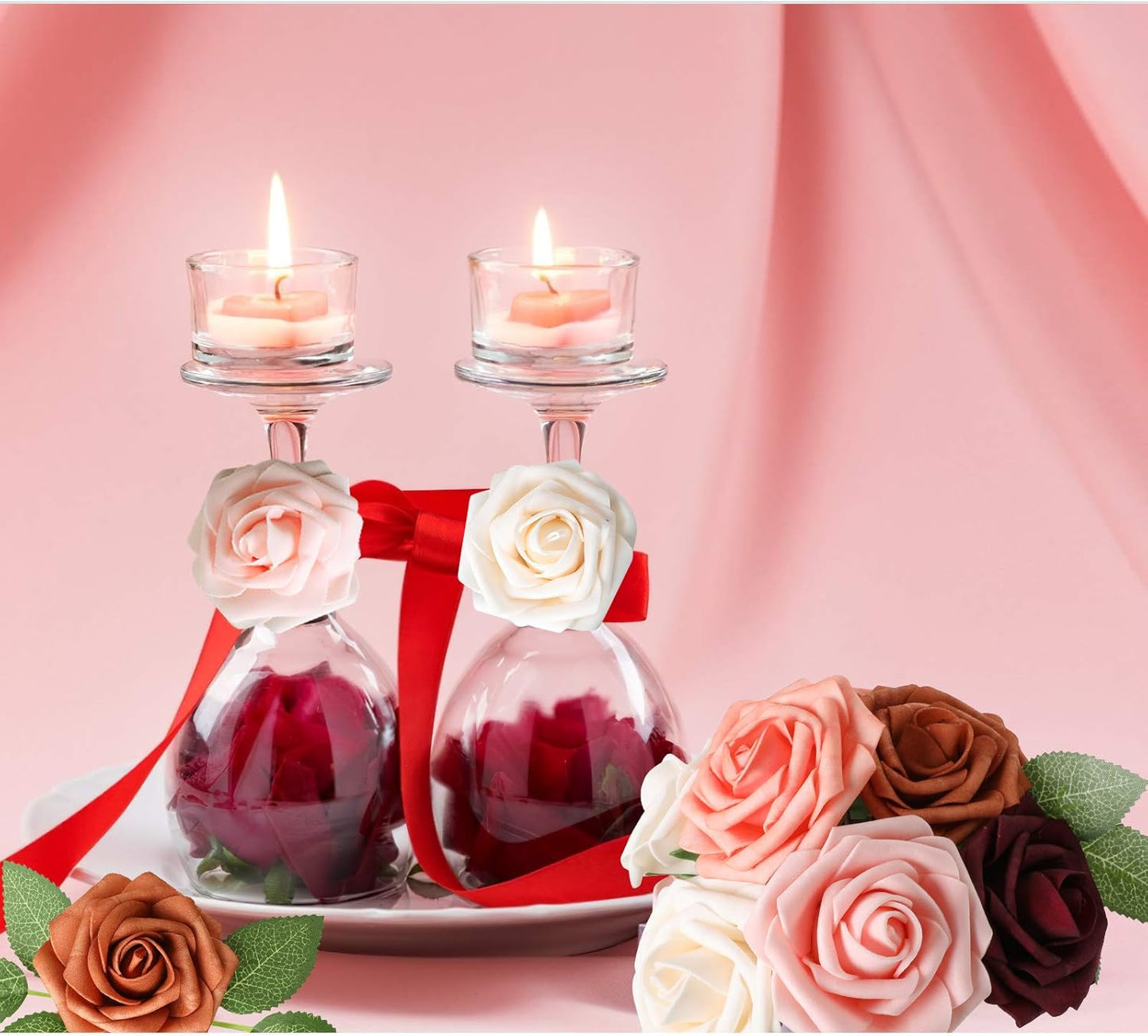 Artificial Flowers Dark Red Rose 25pcs Real Looking Fake Roses w/Stem for DIY Wedding Bouquets Centerpieces Arrangements Party Baby Shower Birthday Christmas Tree Decorations