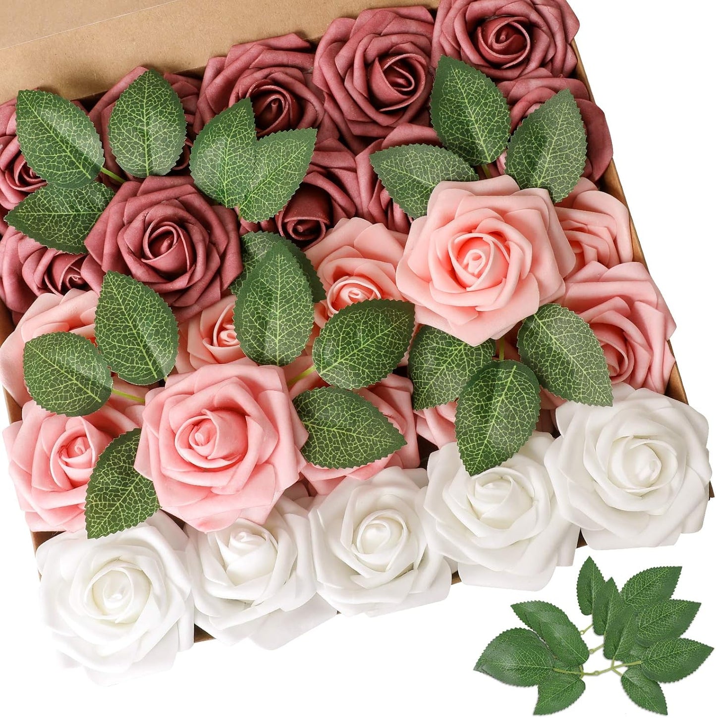 Artificial Flowers Dark Red Rose 25pcs Real Looking Fake Roses w/Stem for DIY Wedding Bouquets Centerpieces Arrangements Party Baby Shower Birthday Christmas Tree Decorations