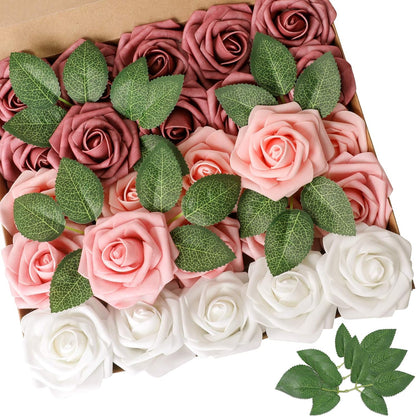 Artificial Flowers Dark Red Rose 25pcs Real Looking Fake Roses w/Stem for DIY Wedding Bouquets Centerpieces Arrangements Party Baby Shower Birthday Christmas Tree Decorations