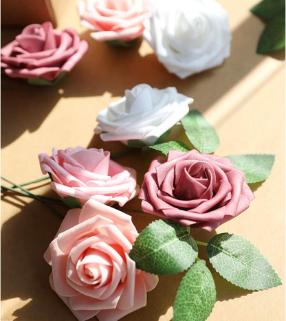 Artificial Flowers Dark Red Rose 25pcs Real Looking Fake Roses w/Stem for DIY Wedding Bouquets Centerpieces Arrangements Party Baby Shower Birthday Christmas Tree Decorations