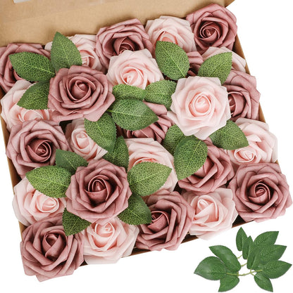 Artificial Flowers Dark Red Rose 25pcs Real Looking Fake Roses w/Stem for DIY Wedding Bouquets Centerpieces Arrangements Party Baby Shower Birthday Christmas Tree Decorations