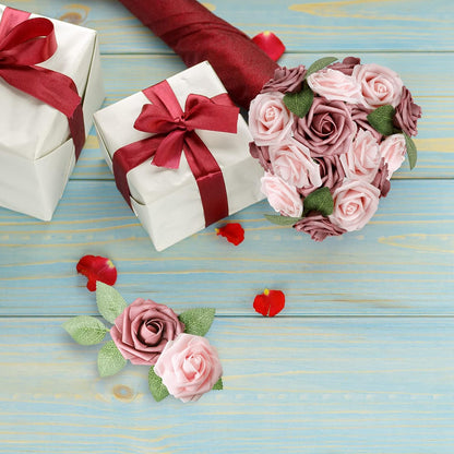 Artificial Flowers Dark Red Rose 25pcs Real Looking Fake Roses w/Stem for DIY Wedding Bouquets Centerpieces Arrangements Party Baby Shower Birthday Christmas Tree Decorations